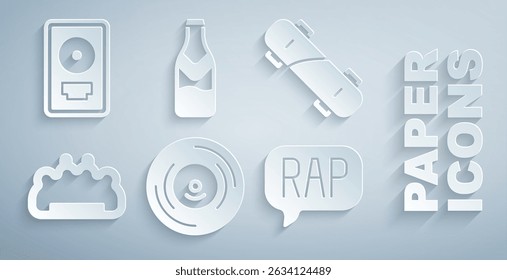 Set Vinyl disk, Skateboard, Brass knuckles, Rap music, Beer bottle and CD award frame icon. Vector