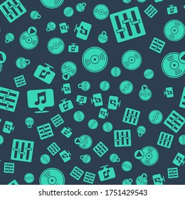 Set Vinyl disk, Sound mixer controller, Musical note in speech bubble and Vinyl disk on seamless pattern. Vector