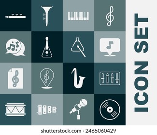 Set Disco de vinilo, controlador de mezclador de sonido, nota musical, tono, sintetizador, guitarra, batería y palillos de batería e icono de triángulo. Vector