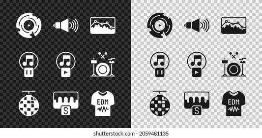 Set Vinyl disk, Speaker volume, Music wave equalizer, Disco ball, T-shirt, Pause button and Play square icon. Vector