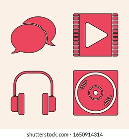 Set Vinyl disk, Speech bubble chat, Play Video and Headphones icon. Vector