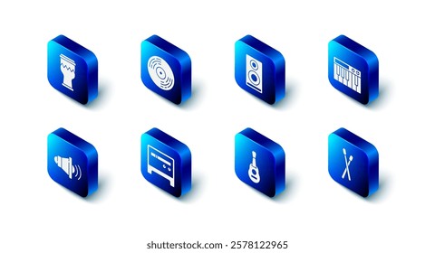 Set Vinyl disk, Stereo speaker, Music synthesizer, Drum sticks, Guitar, amplifier, Speaker volume and  icon. Vector