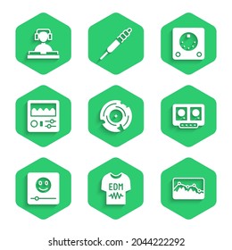 Set Vinyl disk, T-shirt, Music wave equalizer, DJ remote and mixing music, player, Drum machine,  and playing icon. Vector