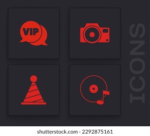 Set Vinyl disk, Vip speech bubble, Photo Camera and Party hat icon. Vector
