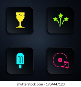 Set Vinyl disk, Wine glass, Ice cream and Firework. Black square button. Vector