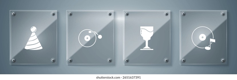 Set Vinyl disk, Wine glass, player with and Party hat. Square glass panels. Vector