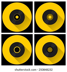 Set of vinyl LP record - web icon. Black musical long play album disc with yellow label. old technology concept, flat and shadow theme design, vector art image illustration, isolated on background