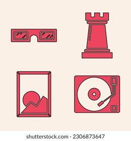 Set Vinyl player with a vinyl disk, 3D cinema glasses, Chess symbol and Picture landscape icon. Vector