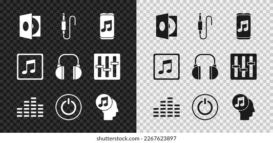 Set Vinyl player with a vinyl disk, Audio jack, Music, equalizer, Power button, Musical note human head, note, tone and Headphones icon. Vector