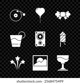 Set Vinyl player with disk, Balloon form of heart, Bow tie, Firework, Photo, Cocktail,  and Stereo speaker icon. Vector