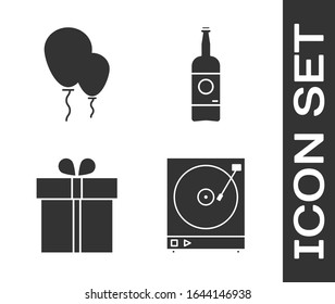 Set Vinyl player with a vinyl disk , Balloons with ribbon , Gift box  and Beer bottle  icon. Vector