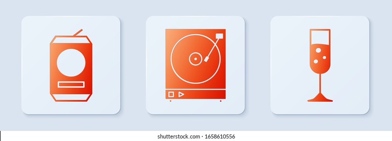Set Vinyl player with a vinyl disk , Beer can  and Glass of champagne . White square button. Vector