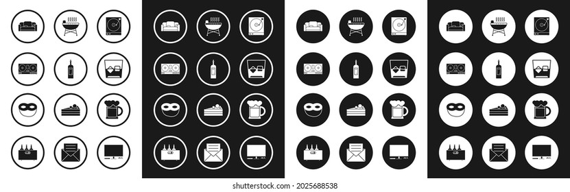 Set Vinyl player with a vinyl disk, Bottle of wine, DJ remote for playing and mixing music, Sofa, Glass whiskey ice cubes, Barbecue grill, Wooden beer mug and Festive mask icon. Vector