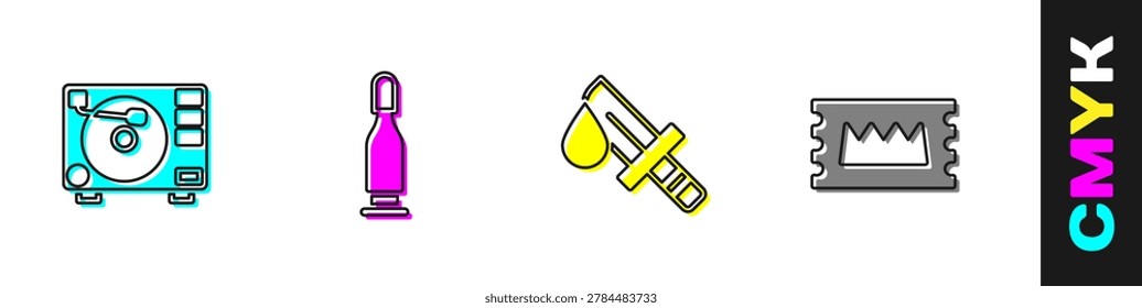 Set Vinyl player with vinyl disk, Bullet, Bloody knife and Concert ticket icon. Vector