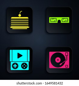 Set Vinyl player with a vinyl disk, Cake, Portable video game console and 3D cinema glasses. Black square button. Vector