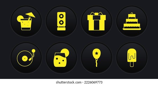 Set Vinyl player with disk, Cake burning candles, Cocktail, Balloon ribbon, Gift box, Stereo speaker, Ice cream and icon. Vector