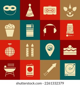 Set Vinyl player with a vinyl disk, Cake, Karaoke, Retro audio cassette tape, Open cigarettes pack box, Popcorn cardboard, Festive mask and Headphones icon. Vector