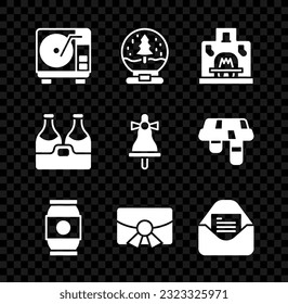 Set Vinyl player with vinyl disk, Christmas snow globe, Interior fireplace, Beer can, postcard, party invitation, Champagne bottle and Merry ringing bell icon. Vector