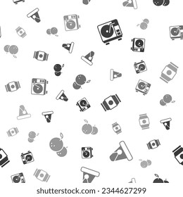 Set Vinyl player with vinyl disk, Christmas Santa Claus hat, Beer can and Tangerine on seamless pattern. Vector