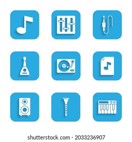 Set Vinyl player with vinyl disk, Clarinet, Music synthesizer, book note, Stereo speaker, Balalaika, Audio jack and tone icon. Vector