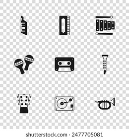 Set Vinyl player with vinyl disk, Clarinet, Trumpet, Retro audio cassette tape, Xylophone, Keytar, Harmonica and Maracas icon. Vector