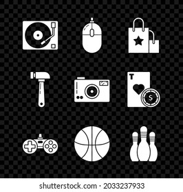 Set Vinyl player with a vinyl disk, Computer mouse, Paper shopping bag, Gamepad, Basketball ball, Bowling, Hammer and Photo camera icon. Vector