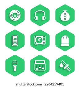 Set Vinyl player with vinyl disk, Drum machine music, Bloody knife, Winter hat, Microphone, Music, Money bag and  icon. Vector