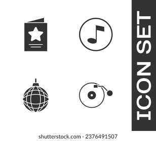Set Vinyl Player mit Disc, Grußkarte, Disco-Ball und Musik-Note, Tonsymbol. Vektorgrafik