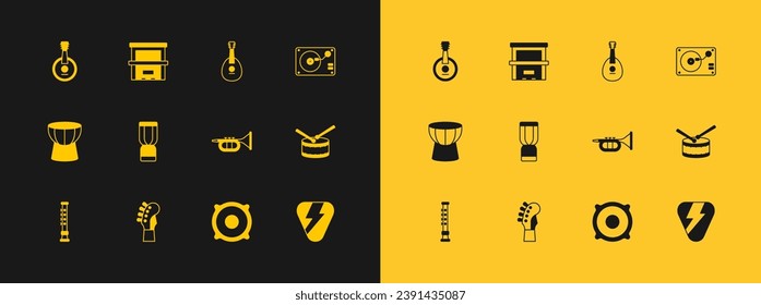 Set Vinyl player with vinyl disk, Guitar neck, Trumpet, Stereo speaker, African djembe drum, Mandolin, Banjo and Piano icon. Vector