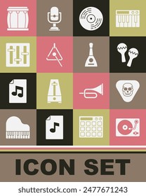 Set Vinyl player with vinyl disk, Guitar pick, Maracas, Triangle, Sound mixer controller, Drum and Balalaika icon. Vector