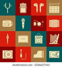 Set Vinyl player with a vinyl disk, Harp, Musical instrument accordion, Air headphones, Microphone, tape, tuning fork and Drums icon. Vector