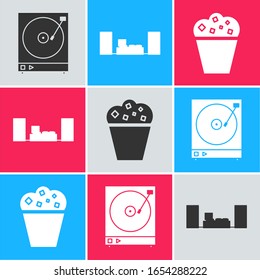 Set Vinyl player with a vinyl disk , Home stereo with two speakers  and Popcorn in cardboard box  icon. Vector