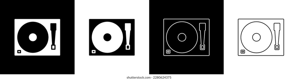 Set Vinyl player with a vinyl disk icon isolated on black and white background.  Vector Illustration