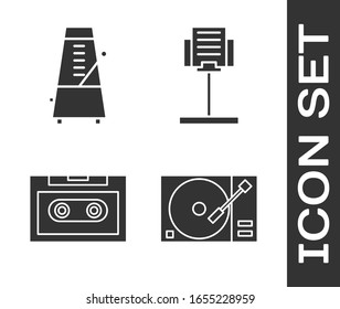 Set Vinyl player with a vinyl disk, Metronome with pendulum in motion, Retro audio cassette tape and Music stand icon. Vector