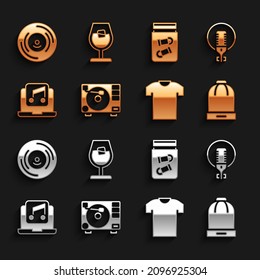 Set Vinyl player with vinyl disk, Microphone, Winter hat, T-shirt, Laptop music, Evidence bag bullet,  and Wine glass icon. Vector