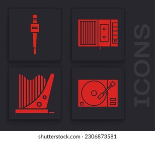 Set Vinyl player with a vinyl disk, Microphone, Music tape player and Harp icon. Vector