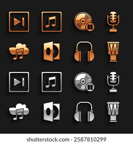 Set Vinyl player with a vinyl disk, Microphone, Drum, Headphones, Music streaming service, Fast forward and note, tone icon. Vector