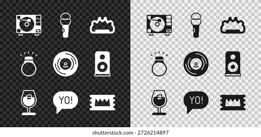 Conjunto reproductor de vinilo con disco de vinilo, micrófono, nudillos de latón, copa de vino, letras de jerga Yo, entrada de concierto, diamante e icono. Vector