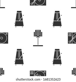 Set Vinyl player with a vinyl disk, Music stand and Metronome with pendulum in motion on seamless pattern. Vector