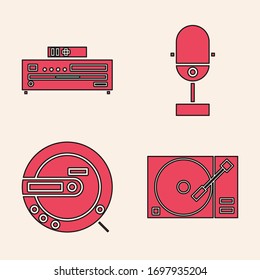 Set Vinyl player with a vinyl disk, Music CD player, Microphone and Music CD player icon. Vector
