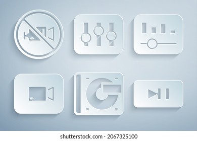 Set Vinyl player with vinyl disk, Music equalizer, Play video button, Pause, Sound mixer controller and Prohibition no recording icon. Vector