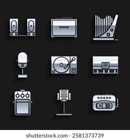 Set Vinyl player with a vinyl disk, Music stand, tape, Piano, Guitar pedal, Microphone, Harp and Stereo speaker icon. Vector