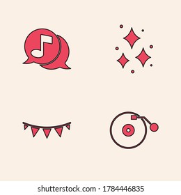 Set Vinyl player with disk, Musical note speech bubble, Firework and Carnival garland flags icon. Vector