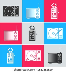 Set Vinyl player with a vinyl disk, Radio with antenna and Microphone icon. Vector