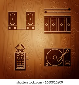 Set Vinyl player with a vinyl disk, Stereo speaker, Microphone and Drum with drum sticks on wooden background. Vector