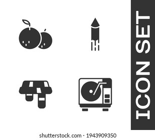 Set Vinyl player with vinyl disk, Tangerine, Winter scarf and Firework rocket icon. Vector