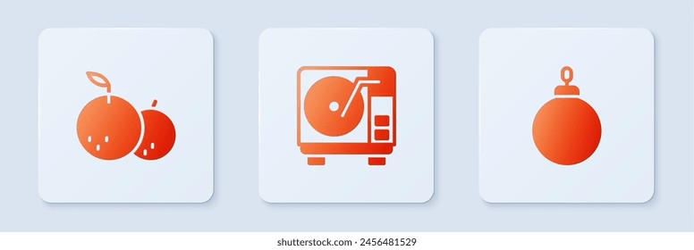 Set Vinyl player with vinyl disk, Tangerine and Christmas ball. White square button. Vector