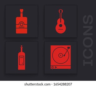 Set Vinyl player with a vinyl disk , Whiskey bottle , Guitar  and Bottle of wine  icon. Vector