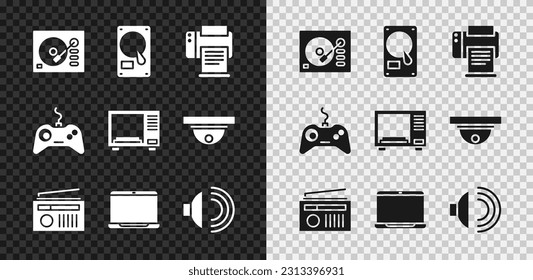 Set Vinyl player, Hard disk drive HDD, Printer, Radio with antenna, Laptop, Speaker volume, Gamepad and Microwave oven icon. Vector