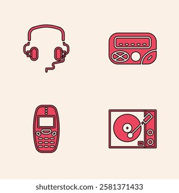 Set Vinyl player, Headphones, Pager and Old mobile icon. Vector